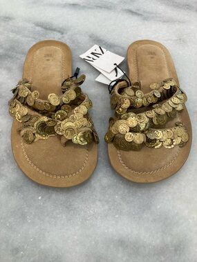 ZARA Gold Coin Suede Sandals NWT